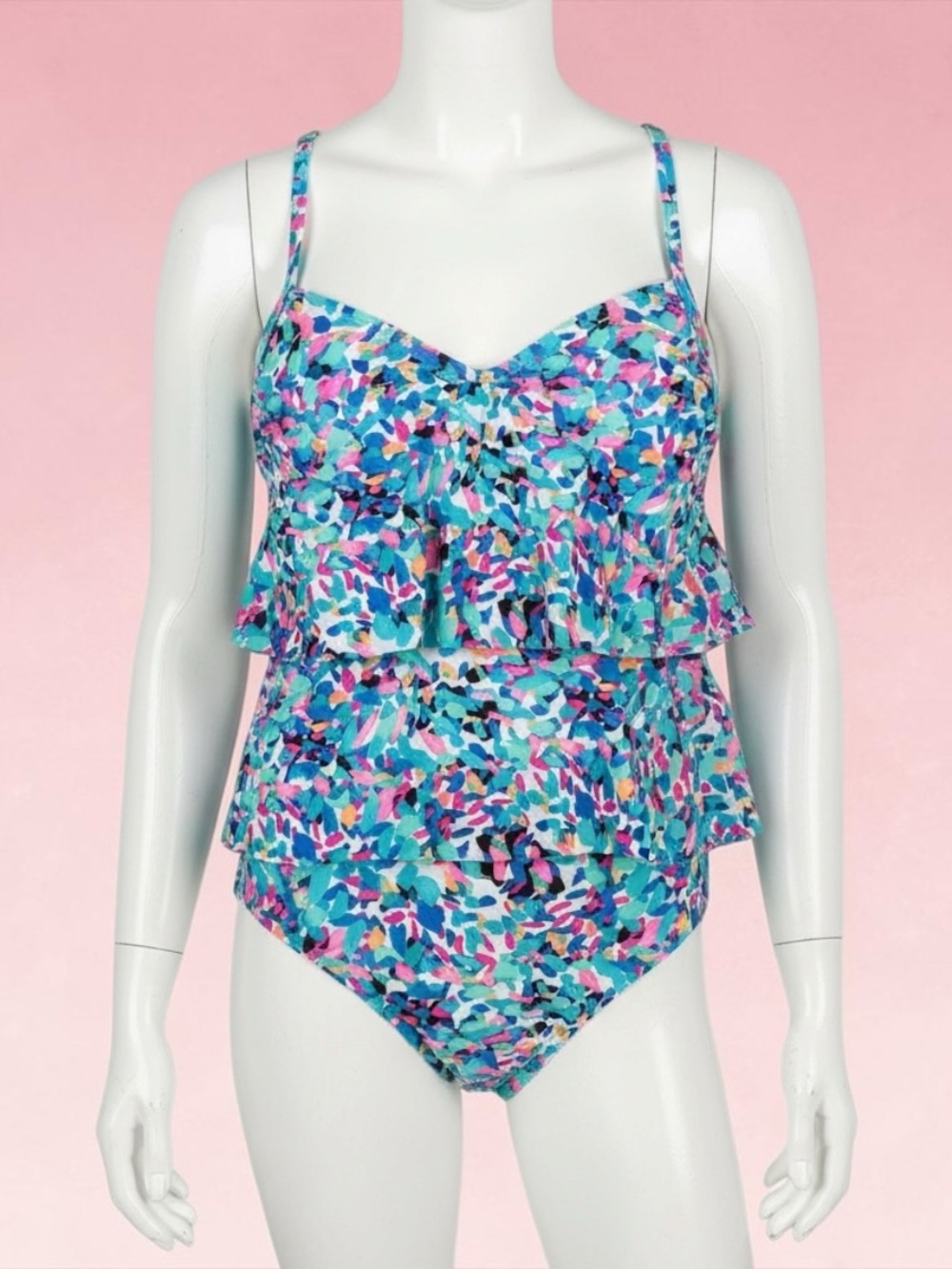 Swim Solutions Tankini Top NWT | Tiered Ruffle Abstract Print Swim Top | Size 10